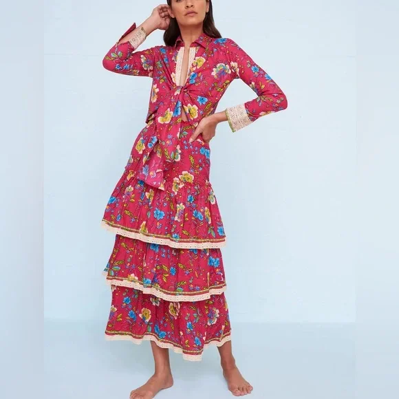 NWT PITUSA boho Floral Tiered Maxi skirt and shirt. Cotton size 4 - Picture 1 of 9